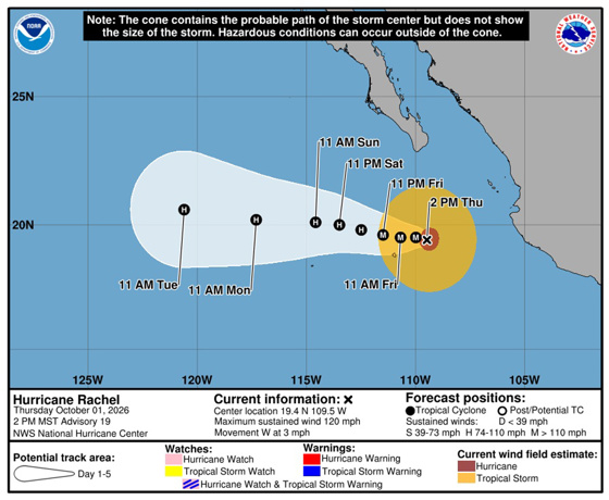 Image provided by the National Oceanic and Atmospheric Administration (NOAA) through the U.S. National Hurricane Center (NHC), showing the five-day forecast for the path of Hurricane Rachel, which reached Category 3 on Thursday after rapidly intensifying as it moved off the coast of Mexicos Pacific coast, according to a report by Mexicos National Meteorological Service (SMN) on October 1, 2026. EFE/NOAA-NHC